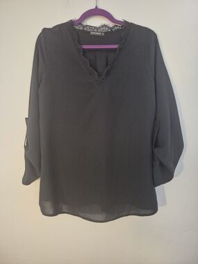 FUNLINGO SIZE M BLACK EYELASH LACE TOP SHIRT BLOUSE Office Lightweight goth